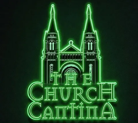 The Church Cantina gift card: the twin-spired church sign in green neon