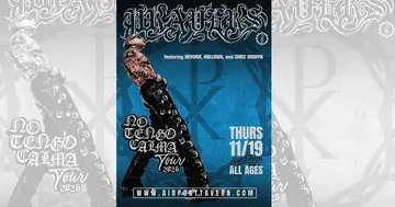 Poster: PRAYERS, No Tengo Calma Tour 2026, featuring DEVORA, HALLOWS and CHRIZ AMAYA. Thursday, November 19, Airport Tavern, all ages.